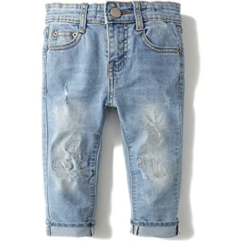 KIDSCOOL SPACE Baby Girl Boy Slim Jeans,D Ring Elastic Band Inside Ripped Denim Pants