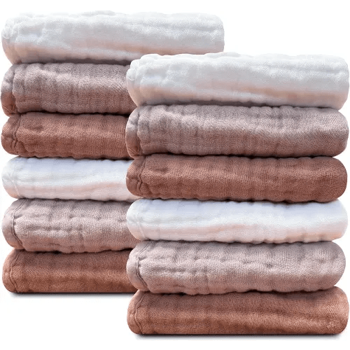 Sunny zzzZZ Baby Muslin Washcloths -100% Cotton Muslin Soft Absorbent Large Baby Bath Wash Cloths for Newborns Kids Girls and Boys -12 Pack, 12x12 Inches - White+Light Bean Paste Series