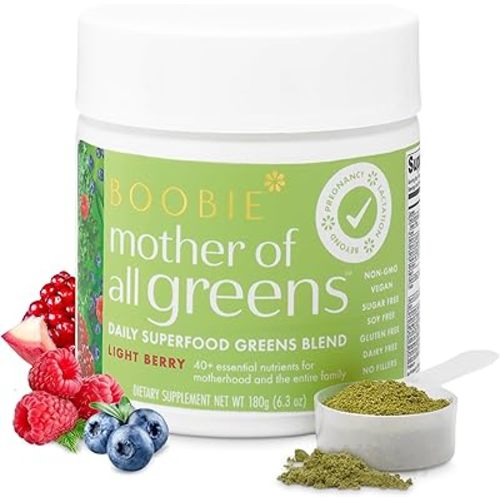 Boobie Mother of All Greens | Your New Family Ritual, Daily Super Greens Powder with 40+ Essential Nutrients for Moms & Families | Vegan, Gluten Free, & Sugar Free | Light Berry Flavor, 30 svgs