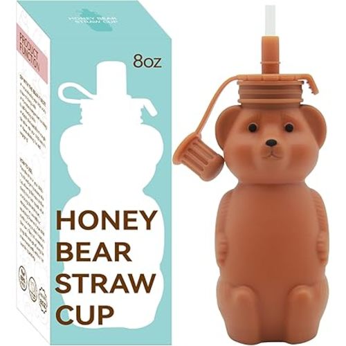 Honey Bear Straw Cup, Food Grade Silicone, Babies Water Drinking Cup, 8-Ounce Therapy Sippy Bottles for Speech and Feeding Training, BPA Free & Dishwasher Safe (Brown)