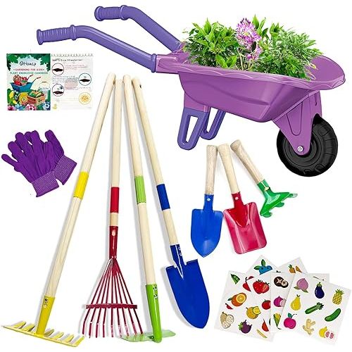 Kids Gardening Tools Set with Wheelbarrow Outside Outdoor Toys Backyard Garden Play Educational STEM Learning for Toddlers Boys Girls 3-8 (Purple)