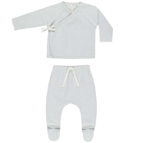 Quincy Mae Organic Wrap Top + Footed Pant Set | Sky Micro Stripe