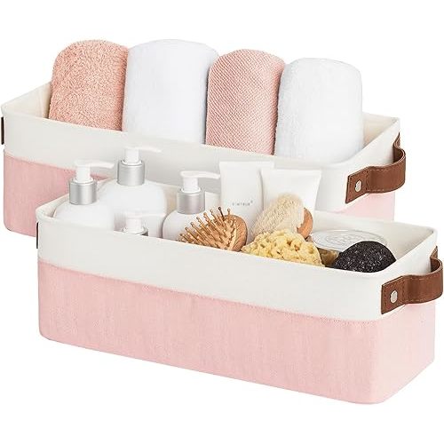 StorageWorks Narrow Storage Bins, Small Basket for Closet and Shelves, Fabric Organizer with Handles, Toilet Paper Storage, Pink and White, 2-Pack