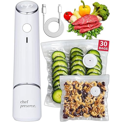 Chef Preserve Compact Vacuum Sealer for Food (Vacuum Sealer Machine + 30 Reusable Vacuum Bags) Powerful Handheld Vacuum Sealer Machine, Seal Meal Saver, Portable Food Sealer