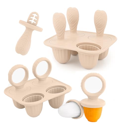 Silicone Popsicle Molds, Mini Breastmilk Popsicle Molds with Sticks for Baby Teething Relief, Frozen Breast Milk Teether Popsicle Maker Ice Pop Molds for Infant Feeding Spoon (2Set-Beige)