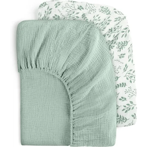 Yoofoss Muslin Crib Sheets for Boys Girls 100% Cotton Fitted Baby Crib Sheet 2 Pack Soft and Breathable for Standard Crib Mattress & Toddler Mattress 52"x28" Leaves&Green