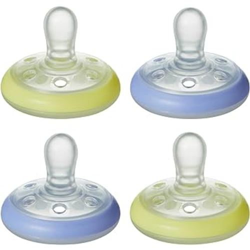 Tommee Tippee Breast-Like Night Pacifier, 6-18 Months with Breast-Like Shape and Glow in The Dark Technology, 4-Count, Blue/Yellow