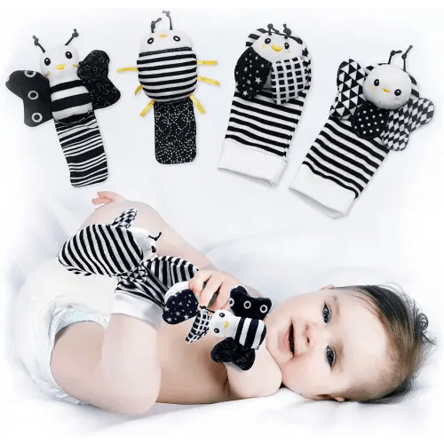 BABY K Baby Rattle Socks & Wrist Toys (Set E) - Newborn Toys for Baby Boy or Girl - Brain Development Infant Toys - Hand and Foot Rattles Suitable for 0-6, 6-12 Months Babies - Newborn Christmas Gifts