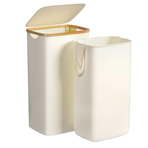Foluck Large Laundry Hamper, 100L Waterproof Laundry Basket with Lid and Removable Bag, Collapsible Tall Clothes Hamper with Bamboo Handles for Clothes Toys in Dorm Bedroom Bathroom, Beige