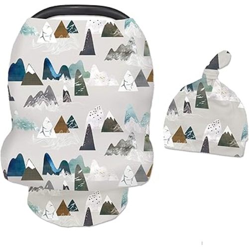 Baby Carseat Cover with Beanie, Adventure Mountain Infant Carseat Canopy for Boys Girls, Nursing Cover Breastfeeding Scarf for Mom, for Stroller High Chair Shopping Cart