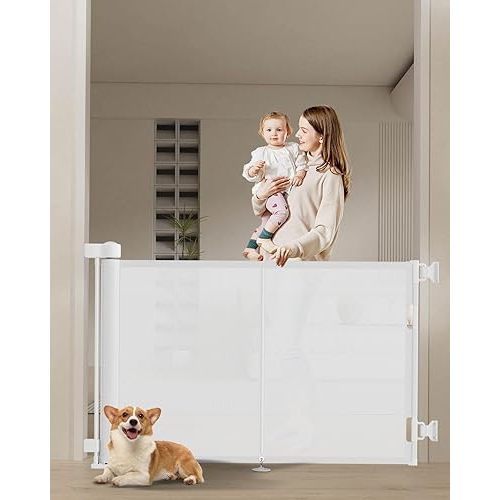 Upgrade 59" Retractable Baby Gates with Reinforced Strip Design to Prevent Crawling Through, 34" Tall Retractable Gate for Baby and Pet, 5 FT Baby Gates for Stairs, Doorways, Hallways