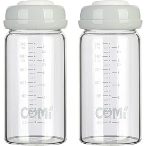 COMI Wide Neck Glass Breastmilk Collection n Storage Bottle, 8oz with Screw Ring Sealing Disk; Re-markable Sealing Disc. BPA Free, Fits Breast Pumps & Nipples (2 Gray Lids)