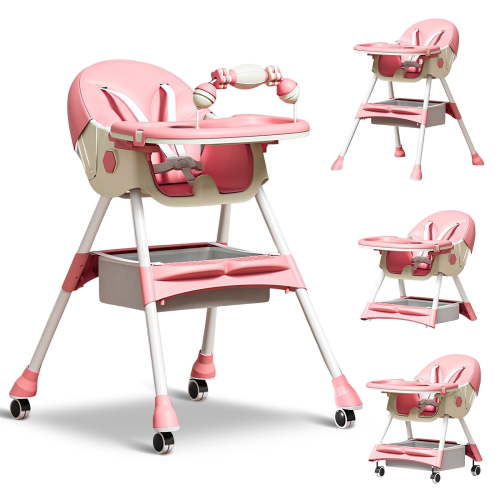 HAOUUCYIN 4-in-1 Baby High Chair, Portable Dining Chairs Eat & Play with Double-Layer Dinner Plate and Toy Rack, for 0-36 Months, Pink