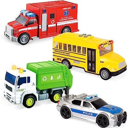 JOYIN 4 Pcs 7" Long Vehicle Toy Set, Toddlers Cars with Lights and Siren Sound, Including Play Police Car, School Bus, Garbage Truck, Ambulance, Birthday Party Gifts Toys for Boys 3-5