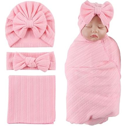 OMUKY Newborn Receiving Blanket Bow Headband and Beanie Set Baby Swaddle Receiving Blankets Baby Boy Girls Nursery Swaddle Wrap(Light Pink)