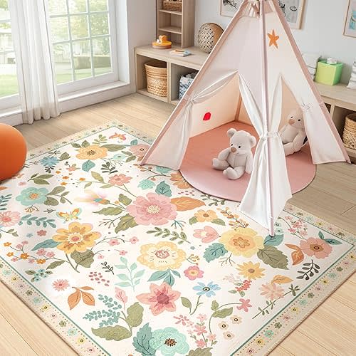 Floral 5x7 Area Rug Machine Washable Boho Carpet Non Slip Doormat Low Pile Flower Area Rugs for Living Room Bedroom Kitchen Dining Room Hallway Entryway Indoor-Beige/White/Orange