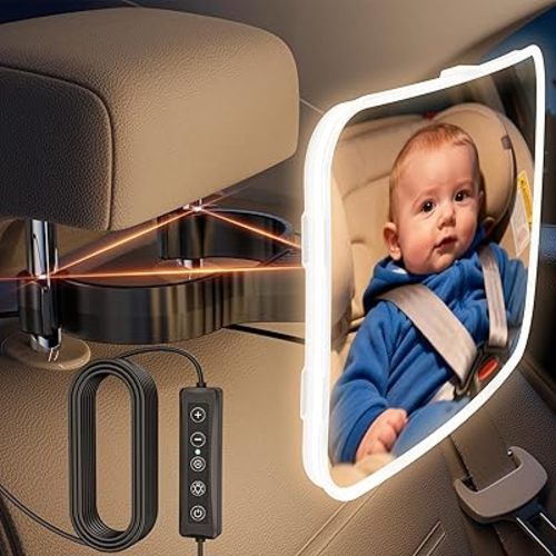 Baby Car Mirror with Light 2026 Upgraded USB-Power Car Seat Mirror for Baby Rear Facing Stable Hook Clip 86 Warm LEDs 360° ShatterProof Crystal Clear for Night Travel Newborn Essentials Accessories