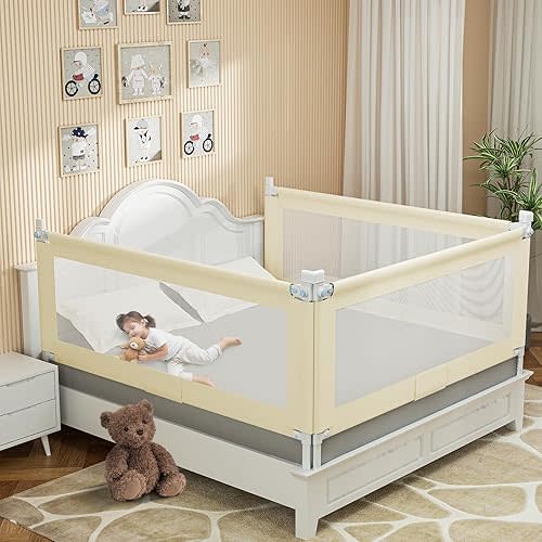 Bed Guard Rail for Toddlers - 59" Quick Assembly & Double Side Lift with Safety Child Lock - Adjustable Height Baby Bed Rails for Queen Full King Twin Crib Bunk Size Bed(Beige, 1 Pack)