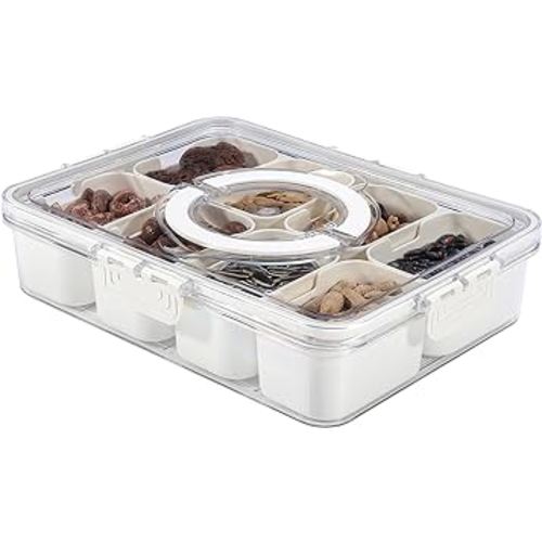 Snackle Box Charcuterie Container, Divided Serving Tray with Lid and Handle, Portable Snack Platters for Fruit, Nuts, Candy, Entertaining, Party, Picnic