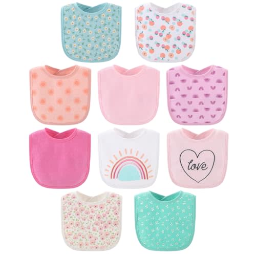 The Peanutshell Baby Girl Terry Bib Set of 10-100% Cotton, Soft, Absorbent Baby Bibs for Girls, Toddler Baby Girl Bibs Set, Newborn & Infant Bib - Rainbow Floral