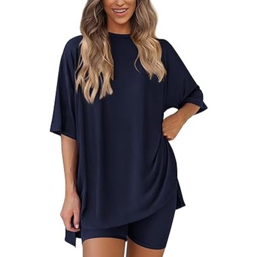 PRETTYGARDEN Women's Two Piece Lounge Set 2025 Summer Casual Oversized Shirts Biker Shorts Matching Airport Travel Outfit