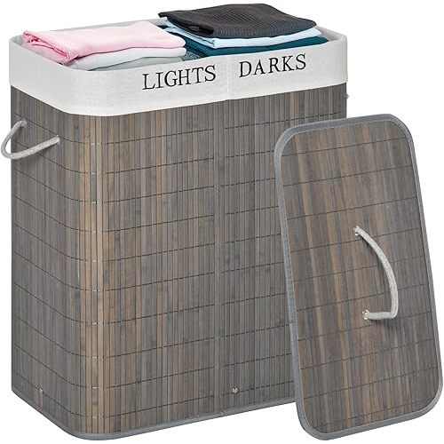 HOMCOM Laundry Hamper with Lid, Bamboo Foldable Laundry Basket 2 Section with 2 Removable Bags, 2 x 13.2 Gallons (50L), Gray