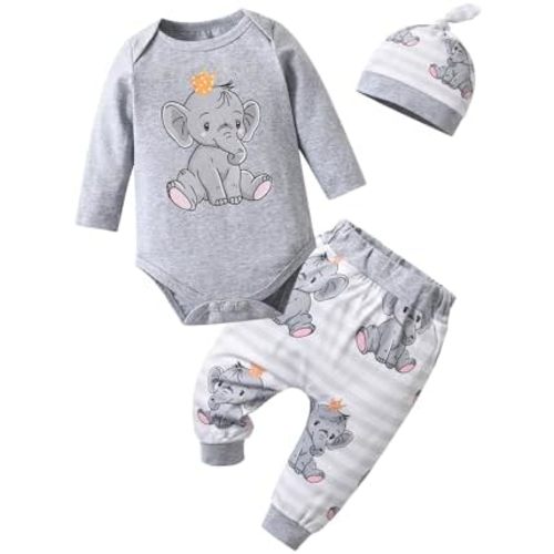 Newborn Infant Baby Boy Clothes Print Long Sleeve Bodysuit + Pants + Hat 3 PCS Outfits Set