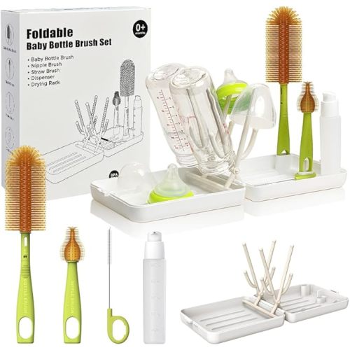 YOTIME Travel Bottle Brush, Travel Bottle Cleaner Kit with Foldable Bottle Drying Rack, for Visit Friends and Relations, Baby Travel Essentials, BPA Free, White