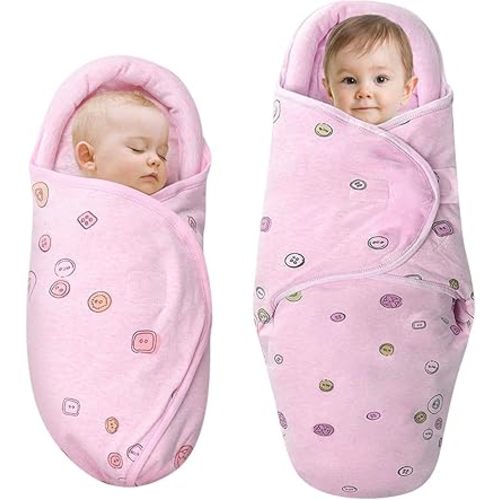 Baby Swaddle Blankets, Unisex Baby Blanket Wrap for Newborn Baby Boys Girls, Skin Friendly Wearable Swaddle Sleep Sack Made of Combed Cotton (Button, Peachpink, 0-3 Months + 3-6 Months)