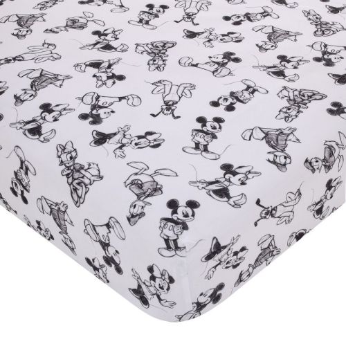 Disney Mickey Mouse - Charcoal, Black And White Mickey And Friends, Minnie Mouse, Donald Duck And Pluto Nursery Fitted Crib Sheet
