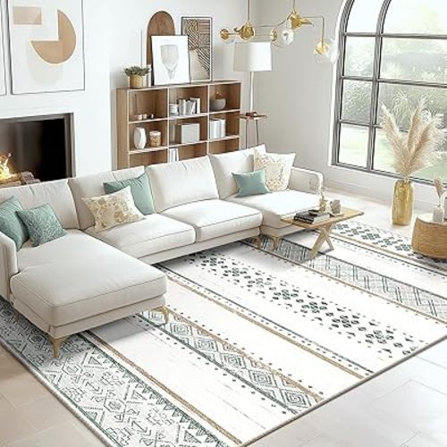 BESTSWEETIE 8x10 Area Rugs for Living Room Washable Moroccan Farmhouse Neutral Geometric Low Pile Non-Slip Soft Print Pattern Rug for Bedroom Kitchen Dining Room Entryway Green/Brown/Brown