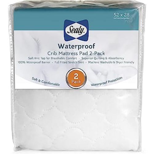 Sealy 2-PACK Waterproof Fitted Toddler Bed and Baby Crib Mattress Pad Cover Protector, Noiseless, Machine Washable and Dryer Friendly, 52" x 28" - White