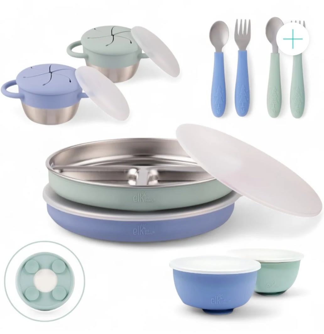 Stainless Steel Mealtime Bundle | Plates, Bowls, Snack Cups + Toddler Utensils | Suction Sleeves | Sage/MistyBlue