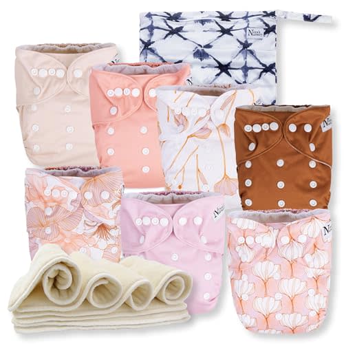 Nora's Nursery Cloth Diapers 7 Pack with 7 Inserts & 1 Wet Bag - Waterproof Cover, Washable, Reusable & One Size Adjustable Pocket Diapers for Newborns and Toddlers - Magnolia