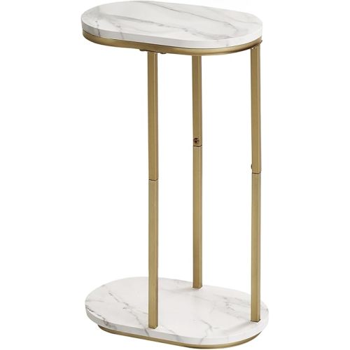 Wooden Marble Side Table, Oval Top with Gold Metal Frame for Ends, Compact Marble C Table for Living Room, Bedroom, Home Office, or Small Spaces