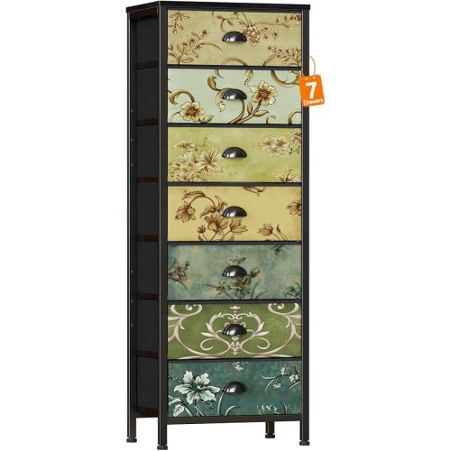 Furnulem Tall Dresser for Bedroom with 7 Fabric Drawers, Vintage Dressers & Chest of Drawers, Vertical Storage Tower Organizer Unit Retro Bedside Furniture in Closet,Living Room,Nusery,Dorm,Entryway