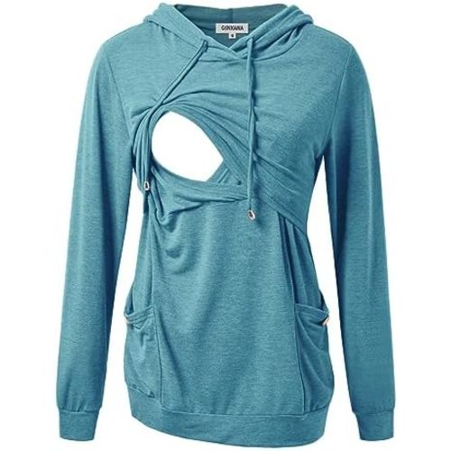 GINKANA Womens Nursing Hoodie Top Sweatshirt Long Sleeve Button Decoration Pockets Shirts Tunic Top