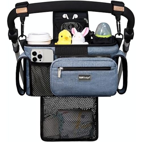 TOPDesign Universal Baby Stroller Organizer, Stroller Caddy with Detachable Mesh Bag & Heightened Insulated Cup Holders & Non-Slip Secure Hooks Accessories, Fits Most Strollers (Blue)