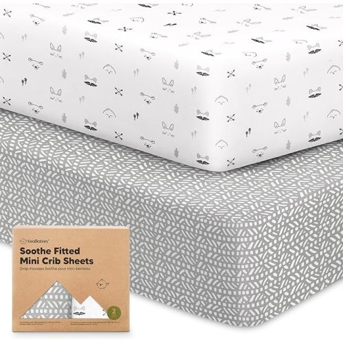 2-Pack Pack and Play Sheets Fitted - 38x26 White Mini Crib Sheets for Boys, Girls Pack N Play Mattress, Soft, Breathable Cotton Toddler Bedding, Neutral, Mini Baby Crib Mattress Cover (Elly)