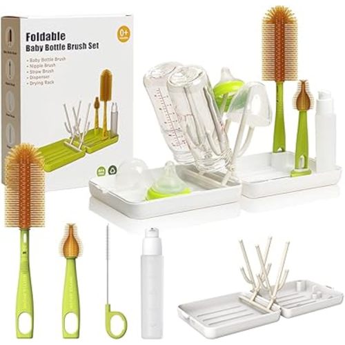 YOTIME Travel Bottle Brush, Travel Bottle Cleaner Kit with Foldable Bottle Drying Rack, for Visit Friends and Relations, Baby Travel Essentials, BPA Free, White