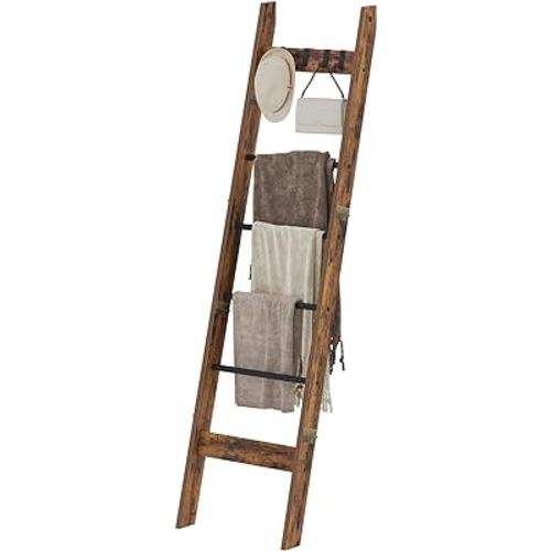 Blanket Ladder Shelf for Living Room, Decorative Quilt Rack with 4 Removable Hooks, 6-Tier Farmhouse Ladder Holder Organizer for Bedroom, Rustic Brown and Black BR31501B