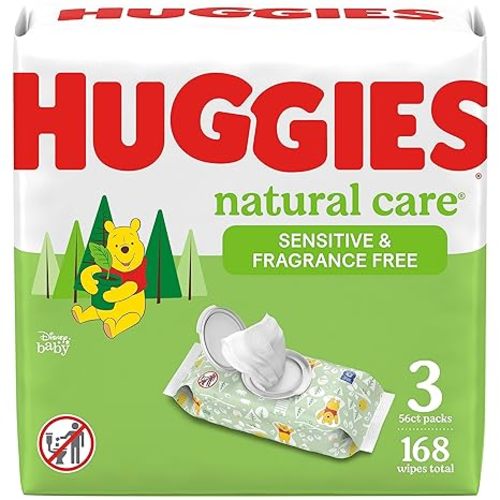 Sensitive Baby Wipes, Huggies Natural Care Baby Diaper Wipes, Unscented, Hypoallergenic, 99% Purified Water, 3 Flip-Top Packs (168 Wipes Total)