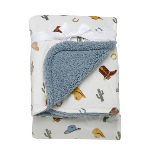 2 Ply Silky Baby Blanket, Reversible to Flannel, Western Ranch Print (Grey and Cream, 30 in. x 40 in.)