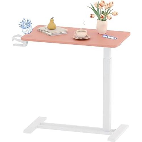 FLEXISPOT H7 Adjustable Overbed Bedside Table with Wheels Pneumatic Mobile Standing Desk Laptop Desk Rolling Computer Cart Movable Overbed Table Hospital Home Use(27.6" W x 15.7" D, Pink)