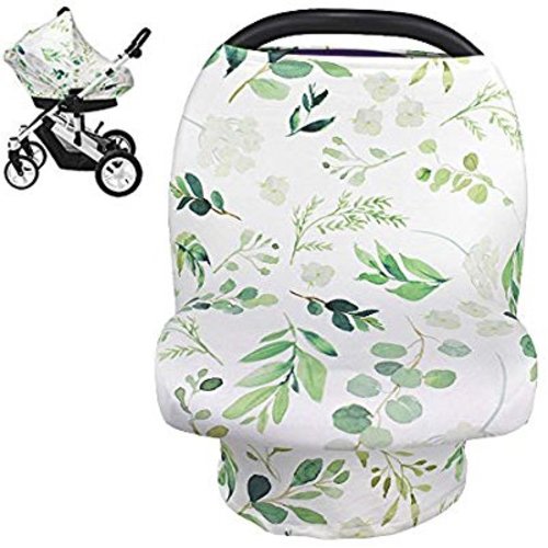 Nursing Cover Breastfeeding Scarf, Car Seat Covers for Babies Infant Carseat Canopy, Stretchy Soft Breathable Multi-Use Cover Ups for Stroller High Chair Shopping Cart, Baby Shower Gift for Boys Girls - Green Leaf