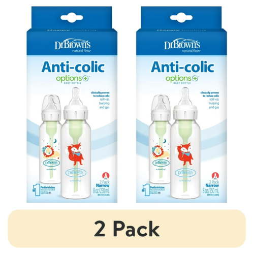 (2 pack) Dr. Brown's Natural Flow Anti-Colic Options+ Narrow Baby Bottle, Fox/Lion, 8 oz, 0m+, 2 Pack