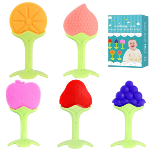 5 PCS Baby Teething Toys, Bagvhandbagro Soft Fruit Teething Toys for Babies 0-6 Months 6-12 Months, Silicone Baby Teethers Stick Freezer Safe for Infants and Toddlers