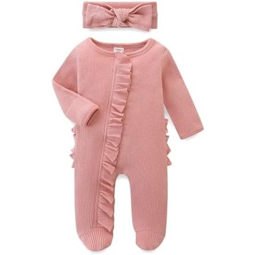 Newborn Baby Romper Cotton Infant Girl Outfit Zippers Ruffle Jumpsuit and Headband Spring Fall Winter Clothes