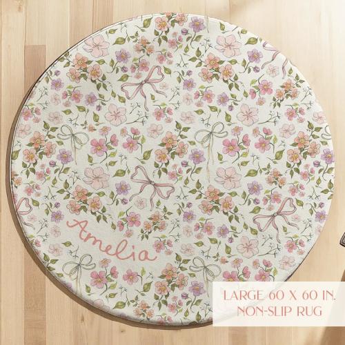 Floral Nursery Rug Name Personalized Girl Bedroom Rug Round Baby Play Mat Pink Bow Circle Rug Kid Play Rug Cottagecore Decor Pink Floral Rug