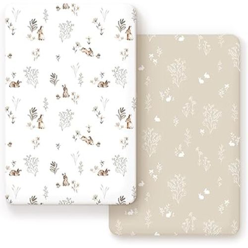 GRSSDER Stretch Ultra Soft Jersey Knit Fitted Pack n Play Sheets Set 2 Pack, Portable/Mini Crib Sheets for Boys and Girls, Stylish Watercolor Rabbit Pattern